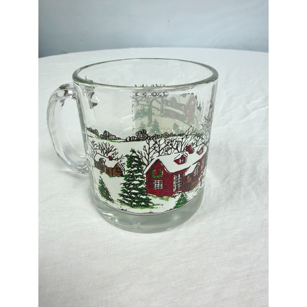 Vintage Christmas Glass Mug Winter Scene Red Barn Sleigh Made in USA Clear Mug